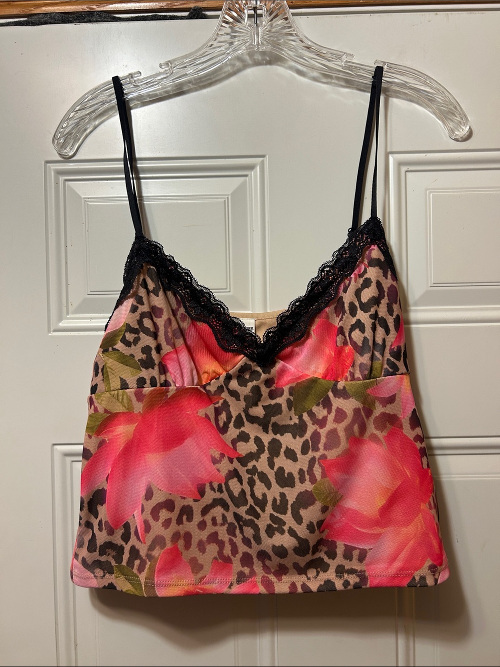 Floral Leopard Satin Cami‎ with Black Lace Trim L NWT
